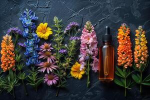 Glass dropper bottle amidst an array of vibrant bach flower blooms on a textured background photo