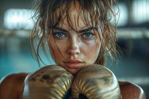 Determined female boxer resting in gym photo