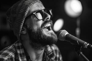 Joyful vocal performance in black and white photo