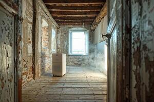 A dehumidifier works in a room under renovation, improving air quality and moisture control photo