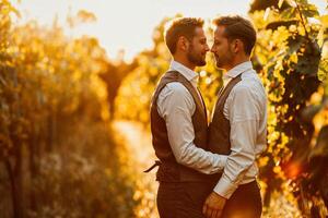 tranquilo y pacífico romántico puesta de sol entre viñedos con un amoroso caucásico gay Pareja abrazando en formal tener puesto. disfrutando el dorado hora y unión en naturaleza foto