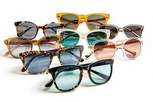 Assortment of stylish sunglasses on white background photo