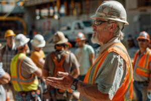 Experienced construction foreman leading team briefing photo