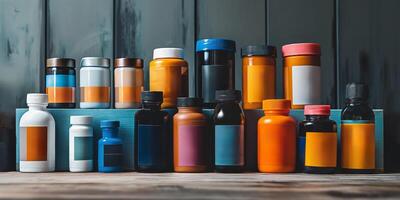 Variety of dietary supplements and vitamins on wooden shelf photo