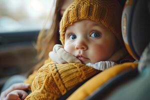 Adorable toddler in car seat wearing knit hat photo