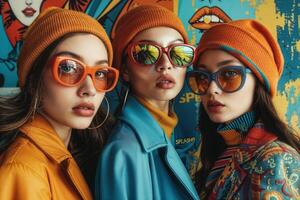 Fashionable trio in bold streetwear against artistic mural photo