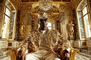 Stylish rapper exudes opulence in a luxurious gold-adorned room photo