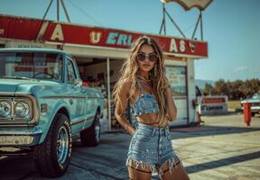 Stylish woman posing in front of vintage gas station photo