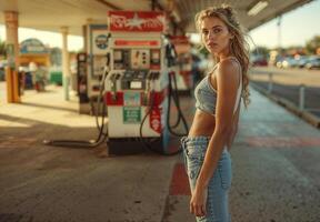 Young woman posing at gas station during golden hour photo