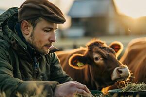 granjero alimentación vacas a puesta de sol foto