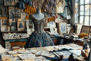 Classic mannequin displays an ornate corset dress in a cozy vintage boutique setting photo