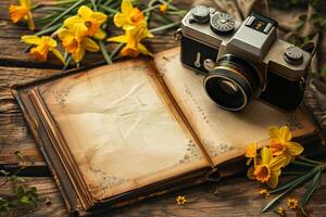 Open book with pressed flowers beside a classic camera and vibrant daffodils on rustic wood photo