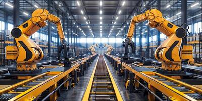 Modern robotic arms in automated factory setting photo