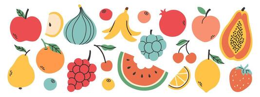 conjunto de diferente frutas y bayas. colección de orgánico vitaminas y sano nutrición. sandía, piña, banana, durazno. de colores plano ilustración aislado en blanco antecedentes. vector