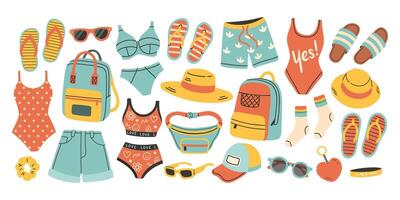 Summer clothes set for sticker. Icons, signs and banners. Bright summertime poster. Collection elements for summer holiday and party. vector