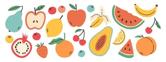 Set of different fruits and berries. Collection of organic vitamins and healthy nutrition. Watermelon, pineapple, banana, peach. Colored flat illustration isolated on white background. vector