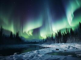 Nothern lights winter landscape. New Year concept photo