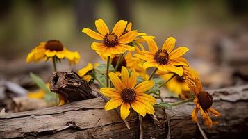 Wild yellow coneflowers drooping on weathered wood in natural setting photo