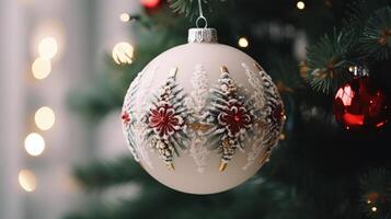 Christmas decorations close-up against the background of a Christmas tree photo