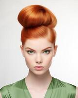 Portfolio shot featuring woman with bold redhead topknot and green dress photo