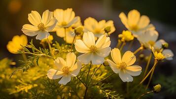 Close-up of vibrant cosmos flowers bathed in golden sunlight photo