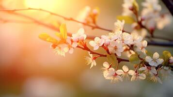 Golden sunset light filters through the delicate petals of blooming plum flowers photo