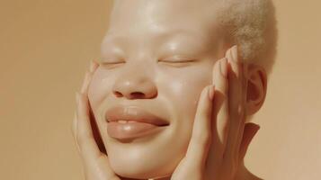 Portrait of African albino girl with hands on face against a beige backdrop. Cosmetic advertisement photo