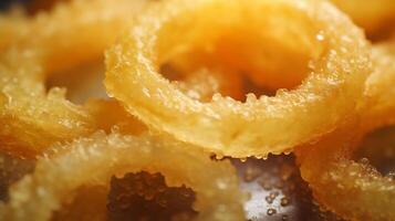 Extreme close-up of fried onion rings. Food photography photo