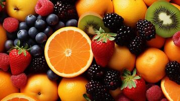 Macro background of colorful citrus and berries in a fresh fruit medley photo