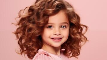 Curly-haired girl smiling in pink with ample space for ads photo