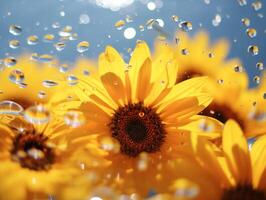 Sunflowers reflected through water droplets on glass with a sunny blue background photo