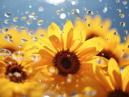 girasoles reflejado mediante agua gotas en vaso con un soleado azul antecedentes foto