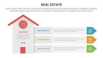 real estate property infographic template banner with tall height building with arrow rectangle stack box with 3 point list information for slide presentation vector