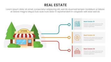 real estate property infographic template banner with store building with line to box connection with 3 point list information for slide presentation vector