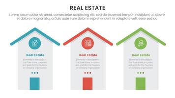 real estate property infographic template banner with high house building with circle badge with 3 point list information for slide presentation vector