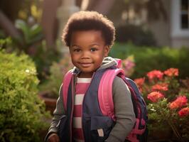 retrato de un alegre negro pequeño chico en su primero colegio día foto