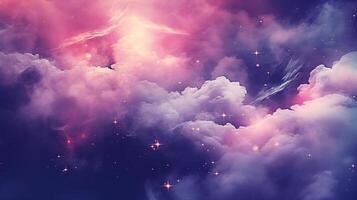 Ethereal clouds mingling with pink cosmic dust background of starry sky photo