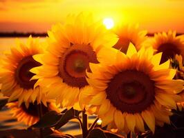 Sunflowers against a sunset sky, summer time photo