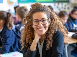 retrato de sonriente hembra profesor con lentes en un salón de clases foto