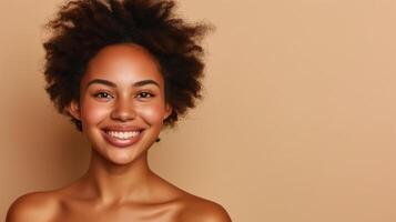 Joyful portrait of mixed race woman with natural curls and smile with copy space backdrop photo