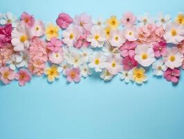 Springtime bloom background with copy space, a spectrum of colorful flowers photo