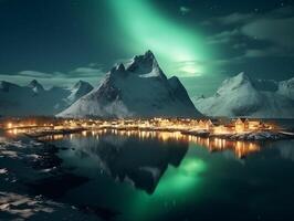 Nothern lights over the sea snowy mountains. Winter landscape. New Year concept photo