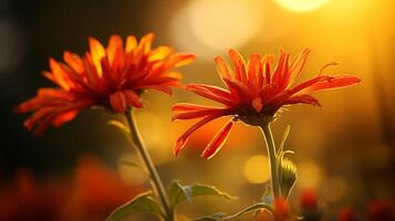 Red sunlit daisies with dew drops shining at sunset photo