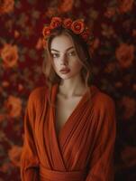 Young woman in orange with matching rose headpiece against floral backdrop photo