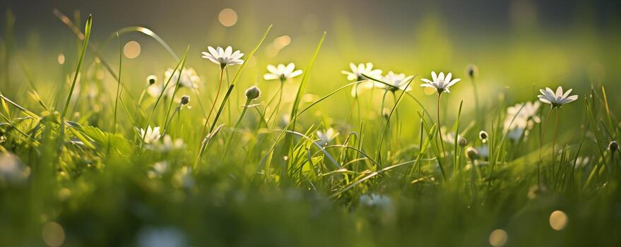 amable iluminado por el sol bandera con margarita flores en medio de suave verde césped foto