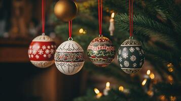 Christmas decorations close-up against the background of a Christmas tree photo