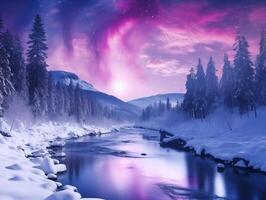 Nothern lights, mountains and lake winter landscape. New Year concept photo