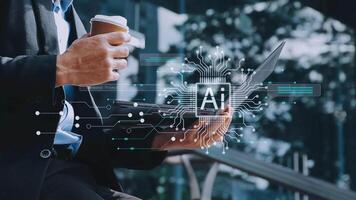 ai tecnología, artificial inteligencia. hombre utilizando tecnología inteligente robot ai, artificial inteligencia por entrar mando rápido para genera algo, futurista tecnología transformación. charla con ai video