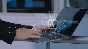 ai technologie, artificiel intelligence. homme en utilisant La technologie intelligent robot ai, artificiel intelligence par entrer commander rapide pour génère quelque chose, futuriste La technologie transformation. bavarder avec ai video