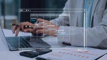 Project manager working with Gantt chart schedule to plan tasks and deliverables. Scheduling activities with a planning software, Corporate strategy for finance, operations, sales, marketing. video